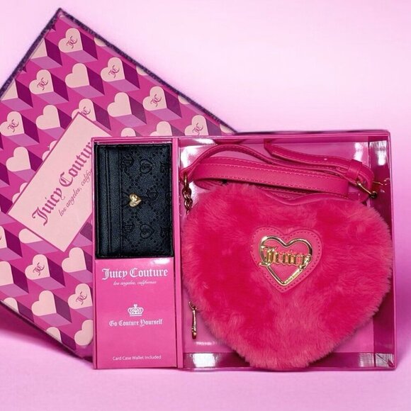 Juicy Couture Faux Fur Pink Heart Crossbody Bag & Black Card Case Wallet Set New - Picture 8 of 8